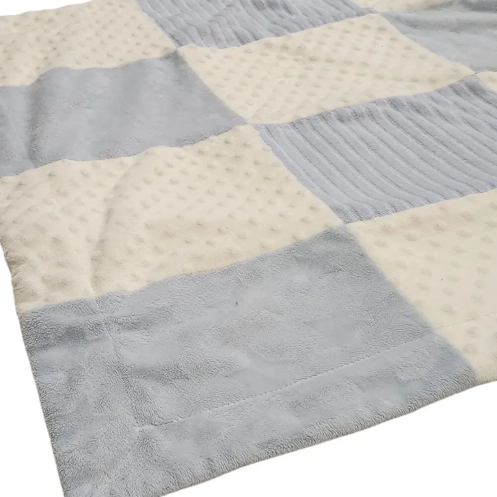 Kyle & Deena Patchwork Square Baby Blanket BLUE & WHITE Minky Dot Stripes Ribbed